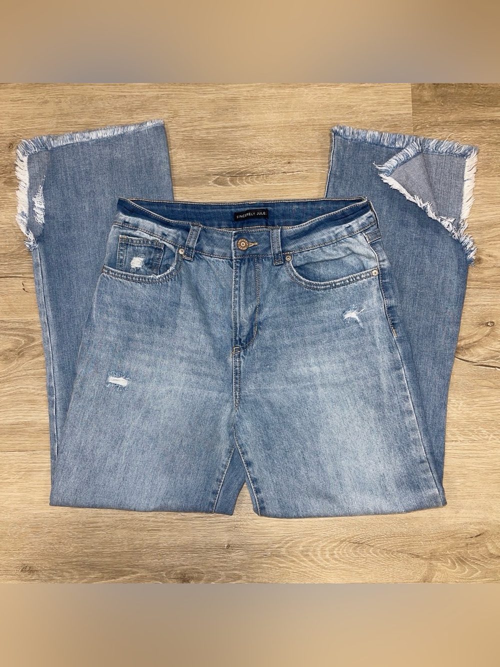 Sincerely Jules Light Blue Frayed Hem Wide Leg Jeans size 7/28